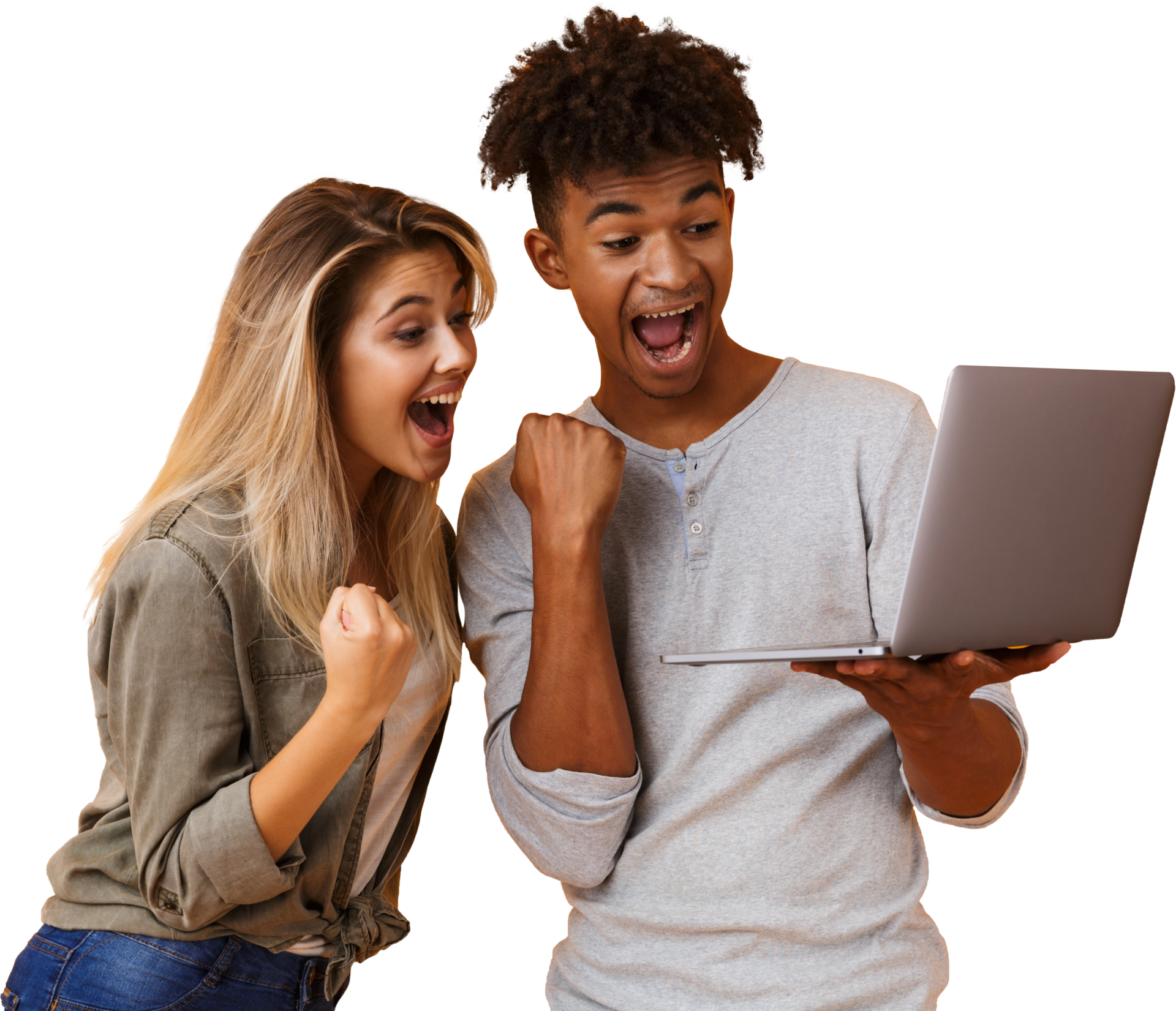 Two excited young people looking at the laptop.