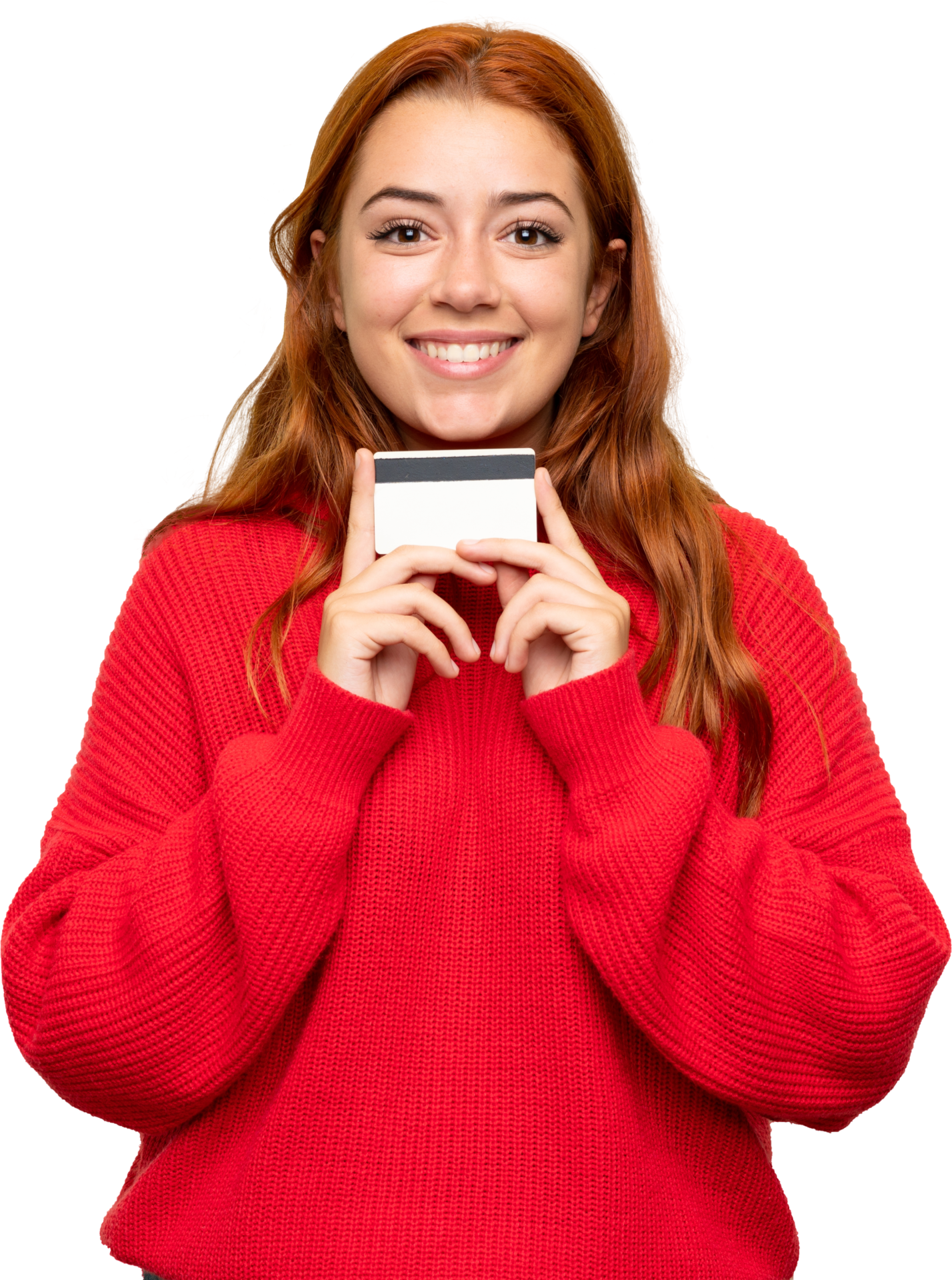 Young girl holding bank card.