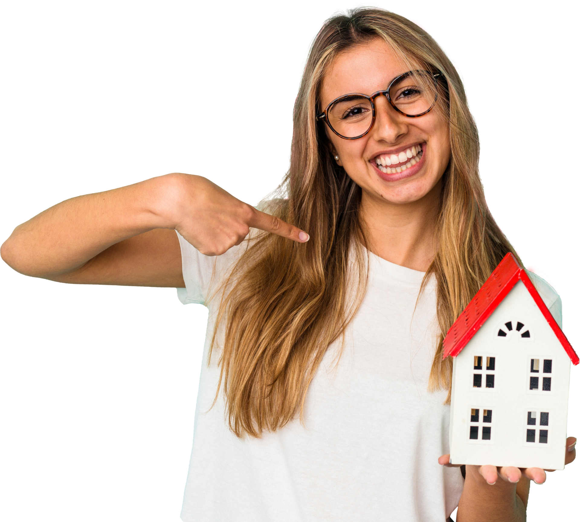 Young smiley girl pointing her finger at the little house.